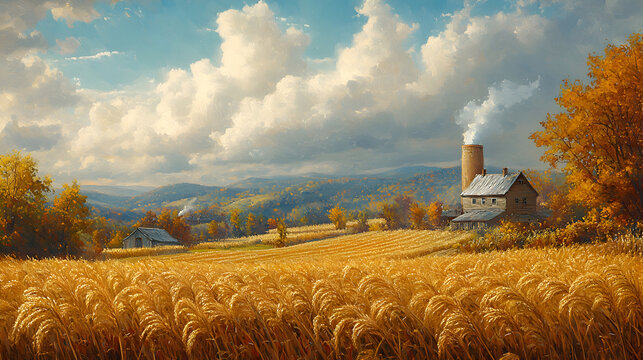 A dynamic agricultural scene featuring modern farming techniques blended with traditional values, highlighting sustainable practices and local harvest pride