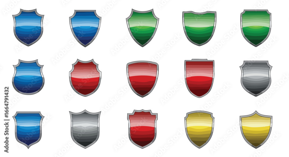 Poster assorted shield icons representing security, protection, and defense systems in various colors and d