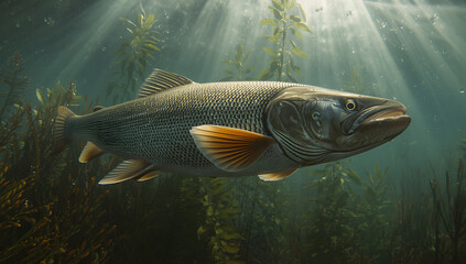 Fototapeta premium A large, gray fish swims through underwater vegetation, sunlight streams down.