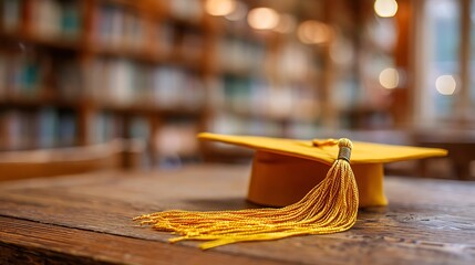 Graduation Cap Still Life on Wooden Table with Bookcase Background