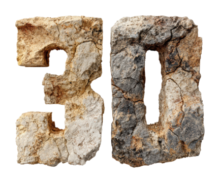 Ancient stone numbers 30 natural rock formation isolated on transparent background - Powered by Adobe