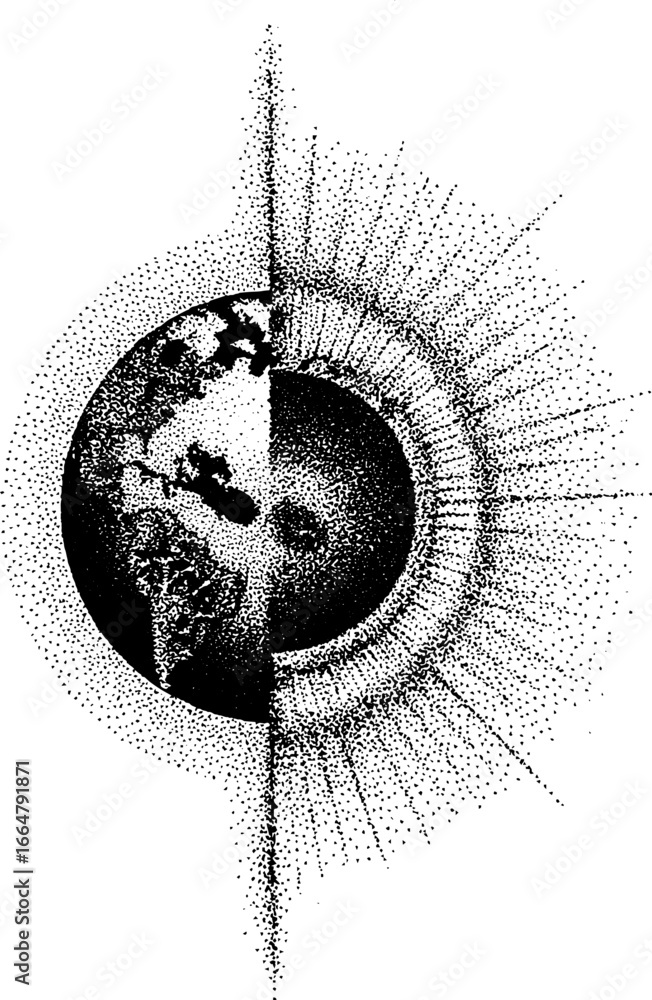 Poster intricate stippling dotwork illustration of globe with halftone patterns for artistic design
