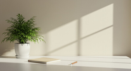 Fototapeta premium Serene workspace featuring stylish plant, notebook, and pen bathed in soft sunlight ambiance
