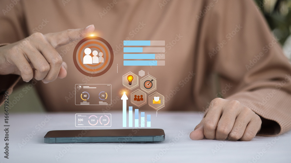 Poster digital marketing with customer target analysis and business data on smartphone