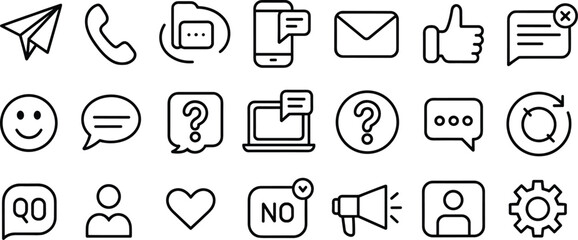 Communication icons, phone, email, paper plane, chat bubble, like button, question mark, laptop message, refresh, user profile, megaphone vector illustration