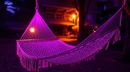 Vibrant purple hammock glows invitingly under warm night lights, promising relaxation and cozy evenings outdoors.