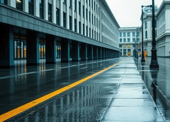 Fototapeta premium Modern city street gleams with wet pavement and architectural reflections under a moody, overcast sky