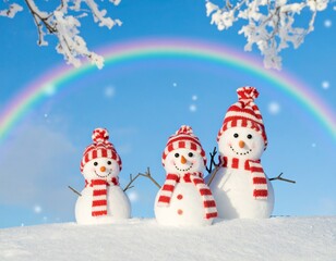Fototapeta premium three adorable snowmen of varying sizes standing on a snowy hill