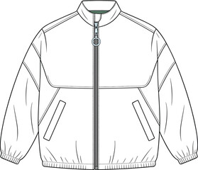 Oversized track windbreaker jacket fashion flat sketch, professional CAD drawing flat vector illustration template, essential sportswear apparel mockup for technical design, a must-have piece. © kulsum creatives