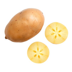 Photo of whole potato and three cut slices isolated on transparent background