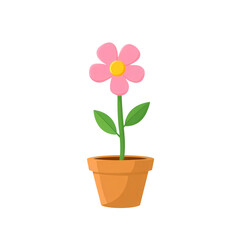 Photo of illustration of a pink flower and brown terracotta pot isolated on transparent background