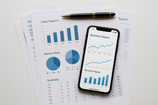 Financial analysis with charts graphs and smartphone displaying data