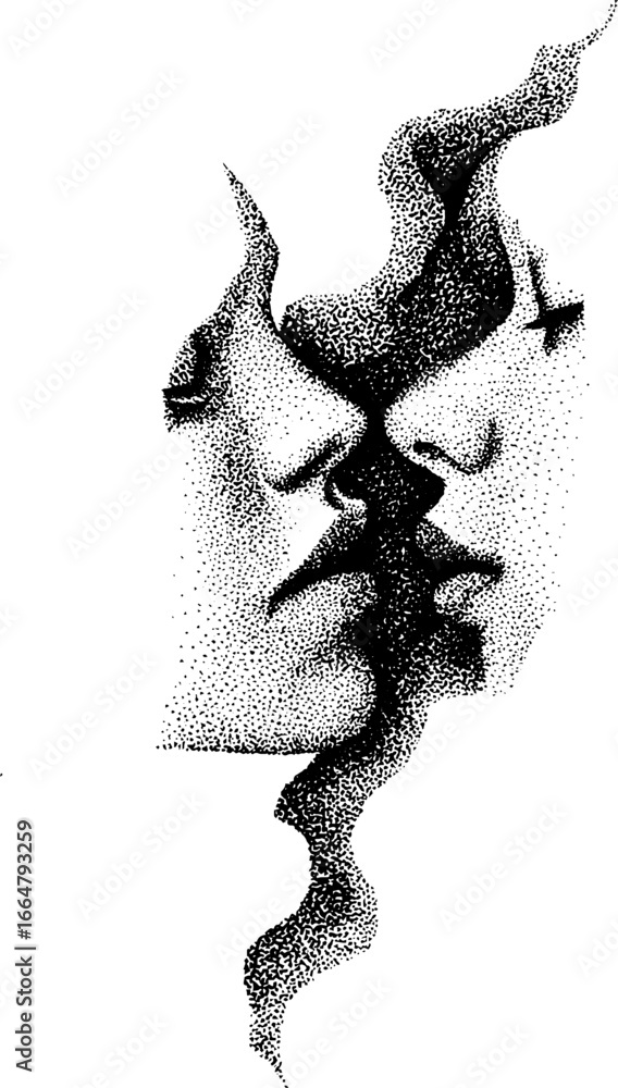 Poster abstract stippling art of two faces in profile with halftone effect