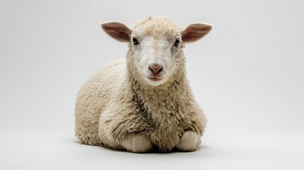 Obraz premium A fluffy white sheep sitting calmly on a plain light background, showcasing its soft wool and gentle appearance.