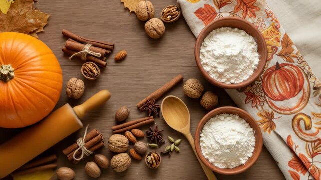 Autumn baking setup with pumpkin, flour, nuts, and spices on wood