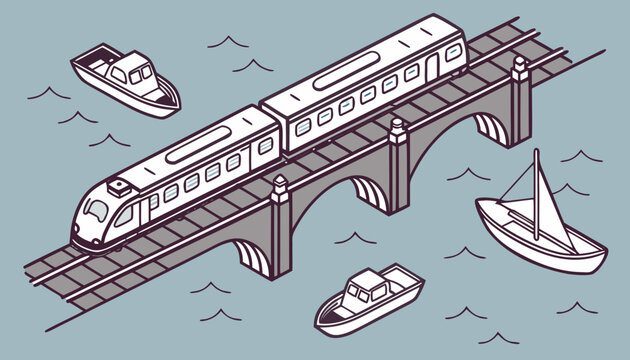 Isometric illustration of a train on a brown bridge with boats on the water below, set against a blue background, depicting transportation. Vector illustration