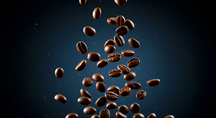 Fresh roasted coffee beans dynamically falling against rich blue backdrop for coffee shop promotions