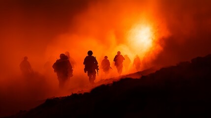 Fototapeta premium Silhouetted Heroes Advancing Through Fiery Terrain Amid Smoke and Flames