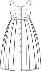 Sleeveless Button-Front Midi Dress Flat Sketch Technical Drawing Vector Illustration CAD, Fashion Apparel Design Template with Pleated Skirt, Belted Waist