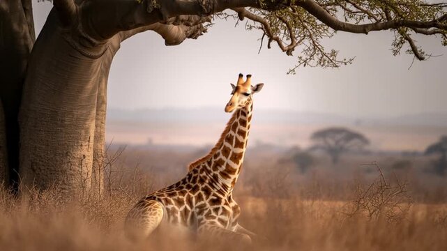 Jirafa Standing Tall Beside Tree In Open Savannah Wildlife Scene