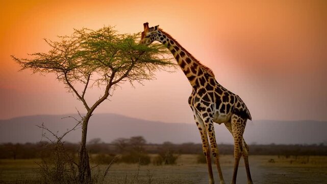 Jirafa Eating From Tree At Sunset In African Grassland Safari View