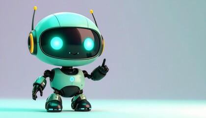 Cute futuristic turquoise robot character with glowing eyes pointing a finger up, symbolizing an idea or innovation on a clean background