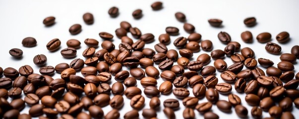 Roasted coffee beans scattered on a pristine white background, showcasing their rich brown hues and varied shapes, grain, still life