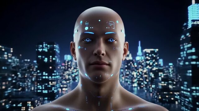 Portrait of a futuristic cyborg man with glowing blue eyes and cybernetic implants in front of a sprawling city at night.