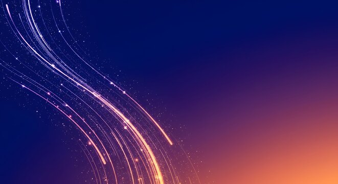 Abstract glowing light streaks with particles on a dark blue to orange gradient background