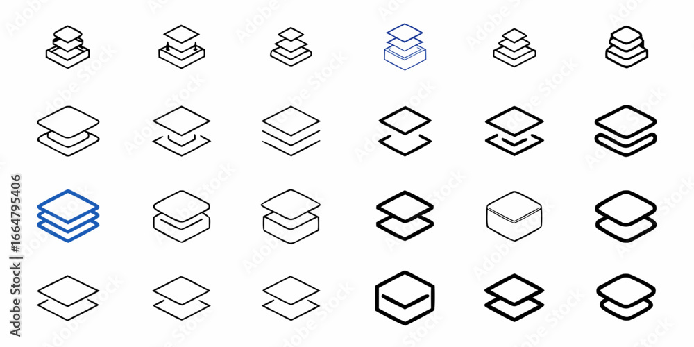 Poster illustration showing various stacked layer icons with different styles and layer counts in a grid la