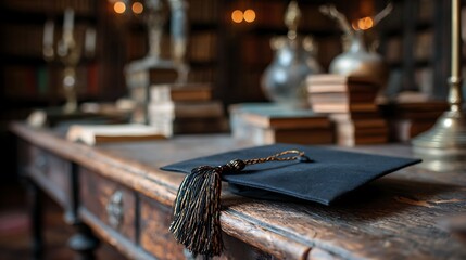 Graduation Cap on Desk with Vintage Books in Library Background