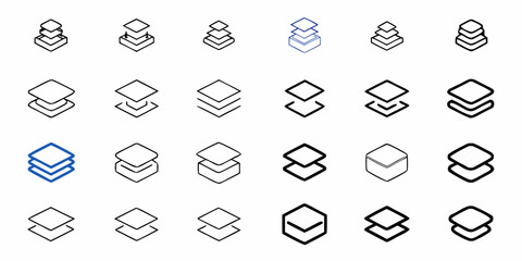 Illustration showing various stacked layer icons with different styles and layer counts in a grid layout