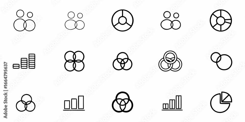 Poster collection of linear icons representing charts graphs and overlapping circle diagrams in black and w