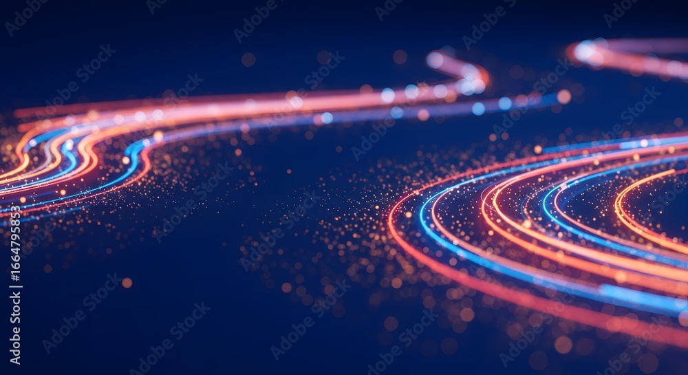 Poster abstract glowing light trails in motion with particles on a dark blue background