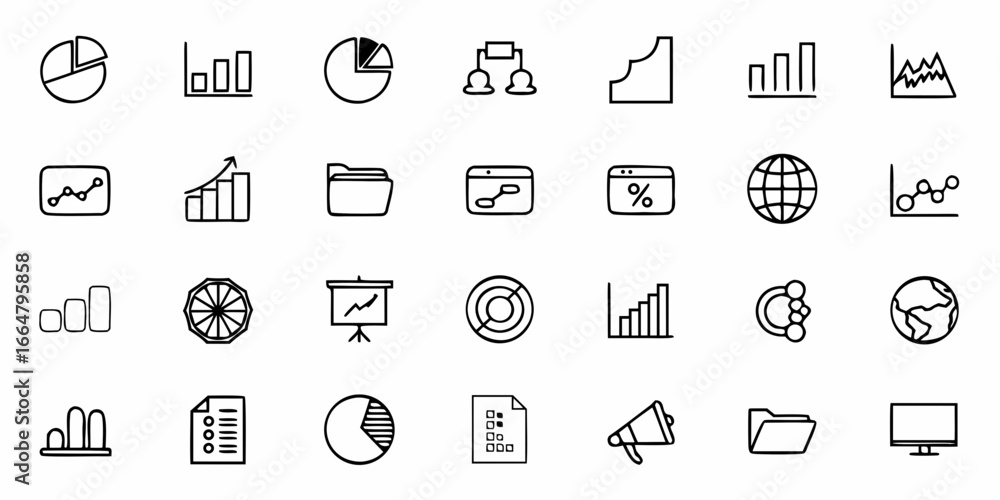 Poster illustration of various chart and graph icons including pie charts bar graphs and line graphs in bla