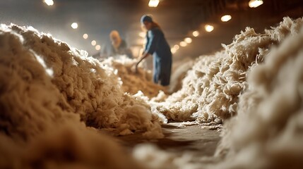 Sorting Raw Wool in Warehouse with People Working Blurred
