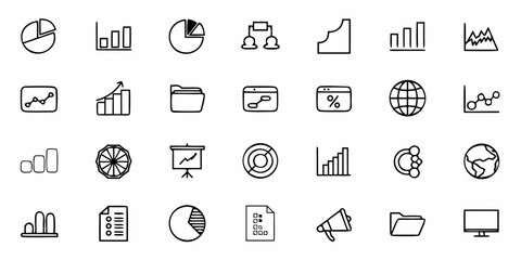 Fototapeta premium Illustration of various chart and graph icons including pie charts bar graphs and line graphs in black outline