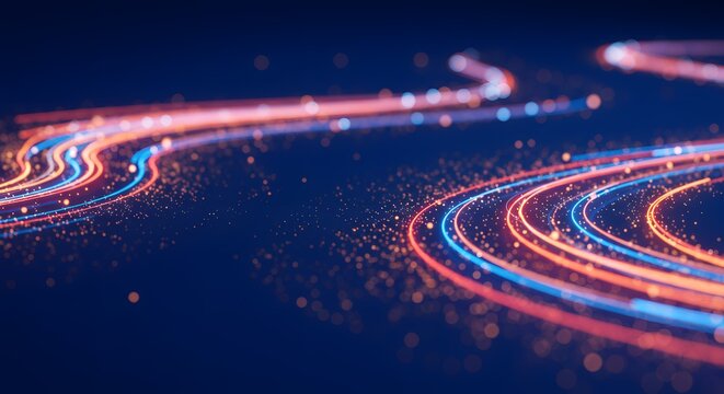 Abstract glowing light trails in motion with particles on a dark blue background - Powered by Adobe