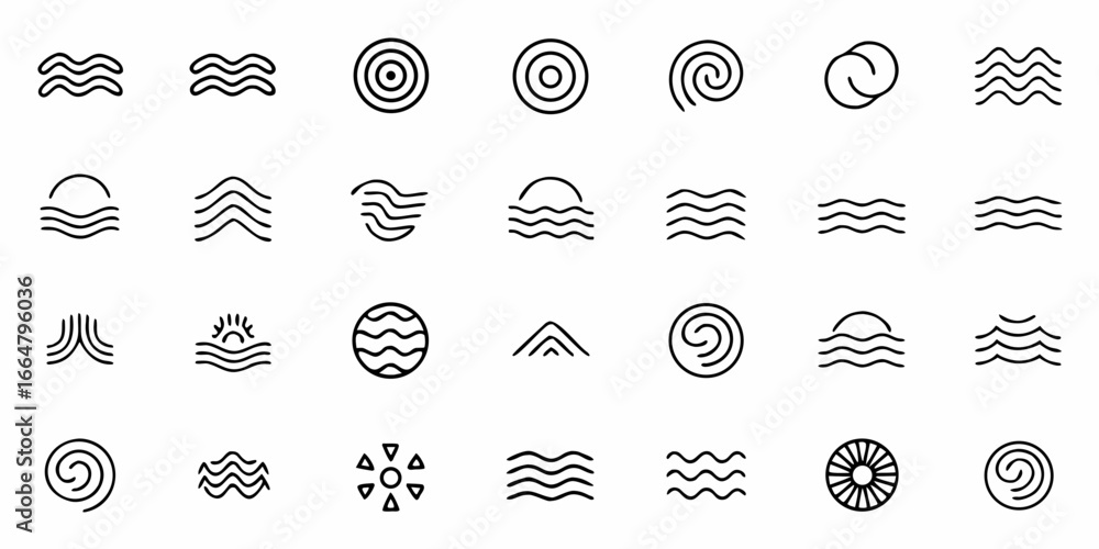 Poster collection of various abstract line art icons including waves circles and spirals arranged in rows