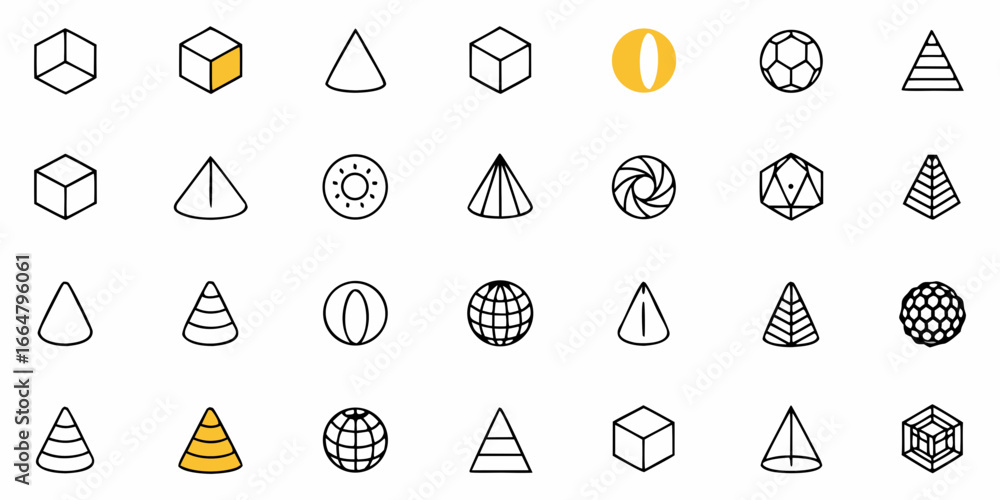 Poster illustration of various geometric shapes including cubes cones spheres and pyramids in a pattern des