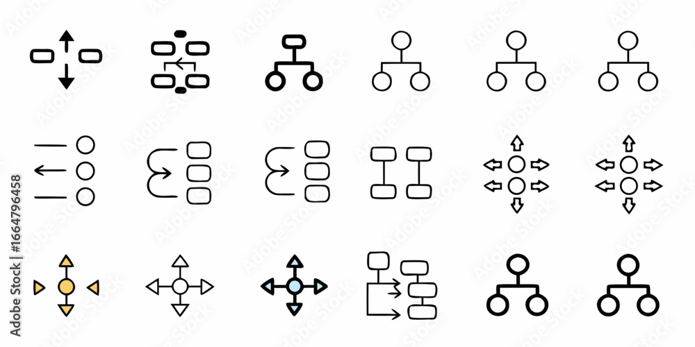 Poster collection of diagram and flowchart icons depicting various relationships and connections in black a