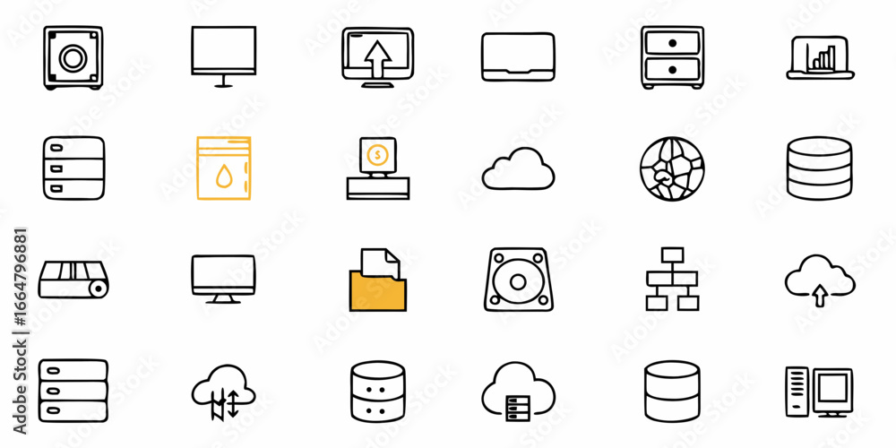 Poster illustration of various technology and data storage icons in a minimalist style design layout