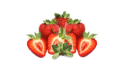 Ripe Fresh Strawberry Fruit with Green Leaves on White Background for Blog, or Fruit Branding. Organic Strawberry Isolated for Blog, Site, or  Food Branding