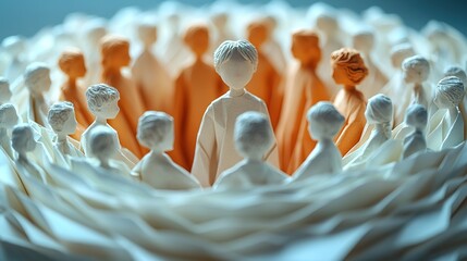 A group of stylized paper figures with one central figure standing out surrounded by others in a circular formation