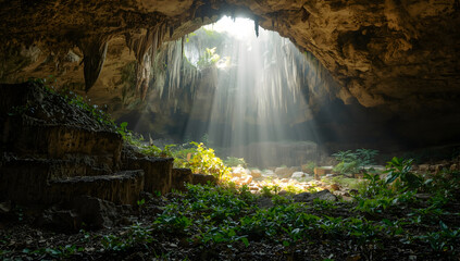 Sunlight streams dramatically into a cave, illuminating the interior with bright rays.