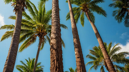 Tall Palm Trees Against Clear Blue Sky in Tropical Sunlight