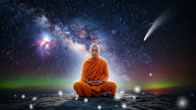 A spiritual buddhist monk in orange robes peacefully meditates while levitating in the vast cosmos with the milky way and a comet creating a serene fantasy scene