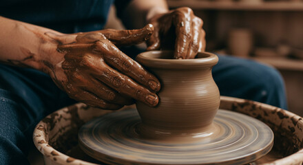 Hands shaping clay on pottery wheel creating a unique ceramic vase in a workshop setting