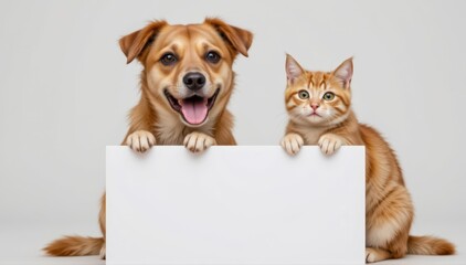 Happy dog and cat sitting atop a blank white banner, ready for text or logo.  Perfect for pet adoption, veterinary, or pet product advertising.