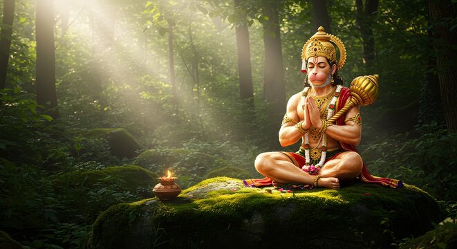 Lord hanuman meditating in a serene forest setting with divine sunlight illuminating the scene